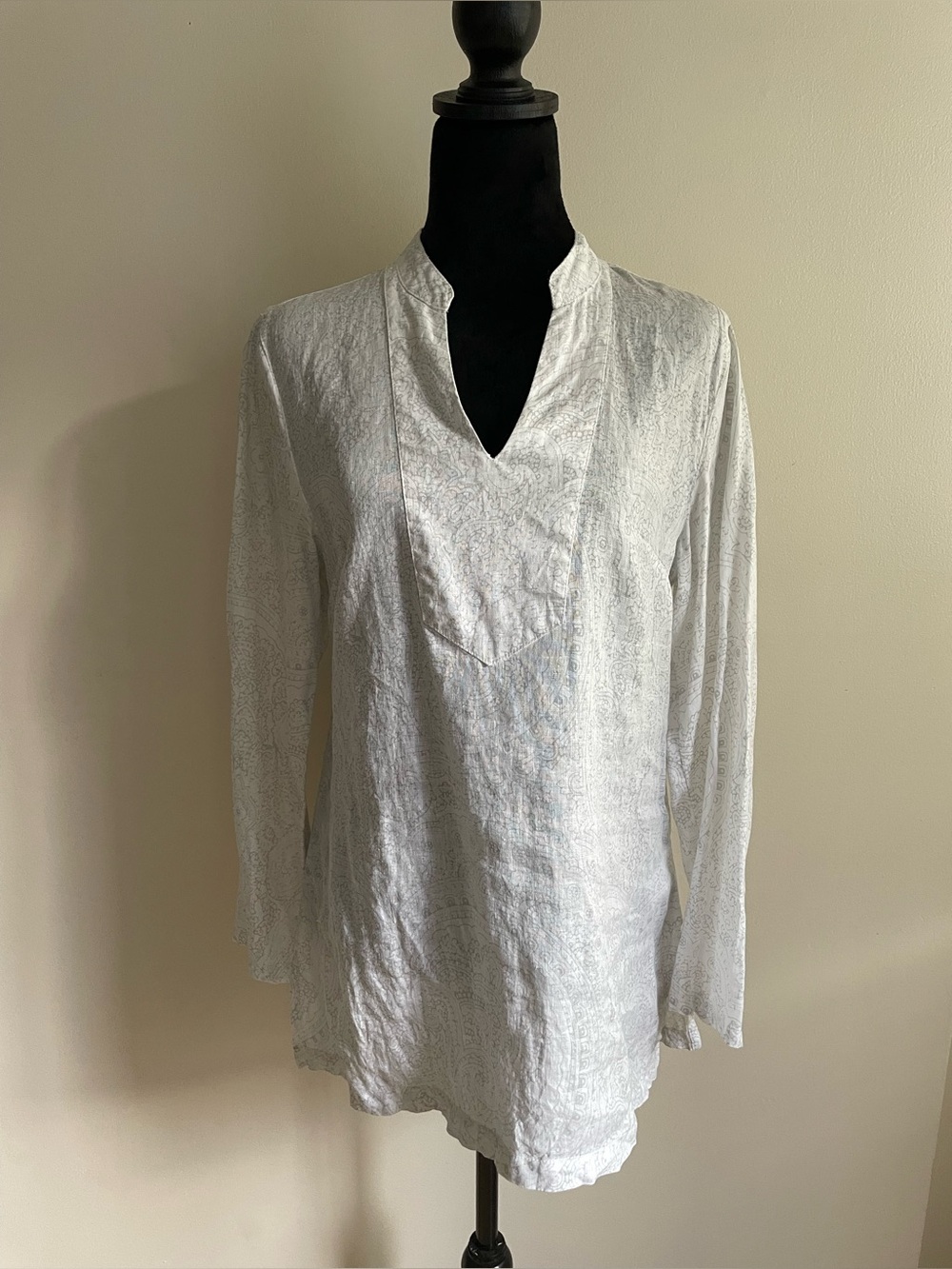 Cynthia Rowley Boho 100% Linen Paisley Tunic Top Off White Gray S